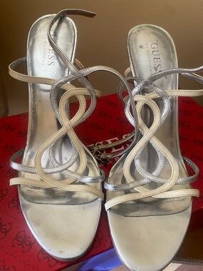 GUESS Silver Metallic Strappy Lace-Up Heels